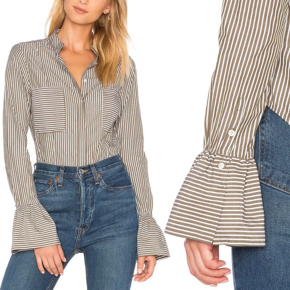 Frame Denim Tops - FRAME Denim Olive Sage Striped Fitted Blouse Shirt S Bell Sleeves Preppy Poplin